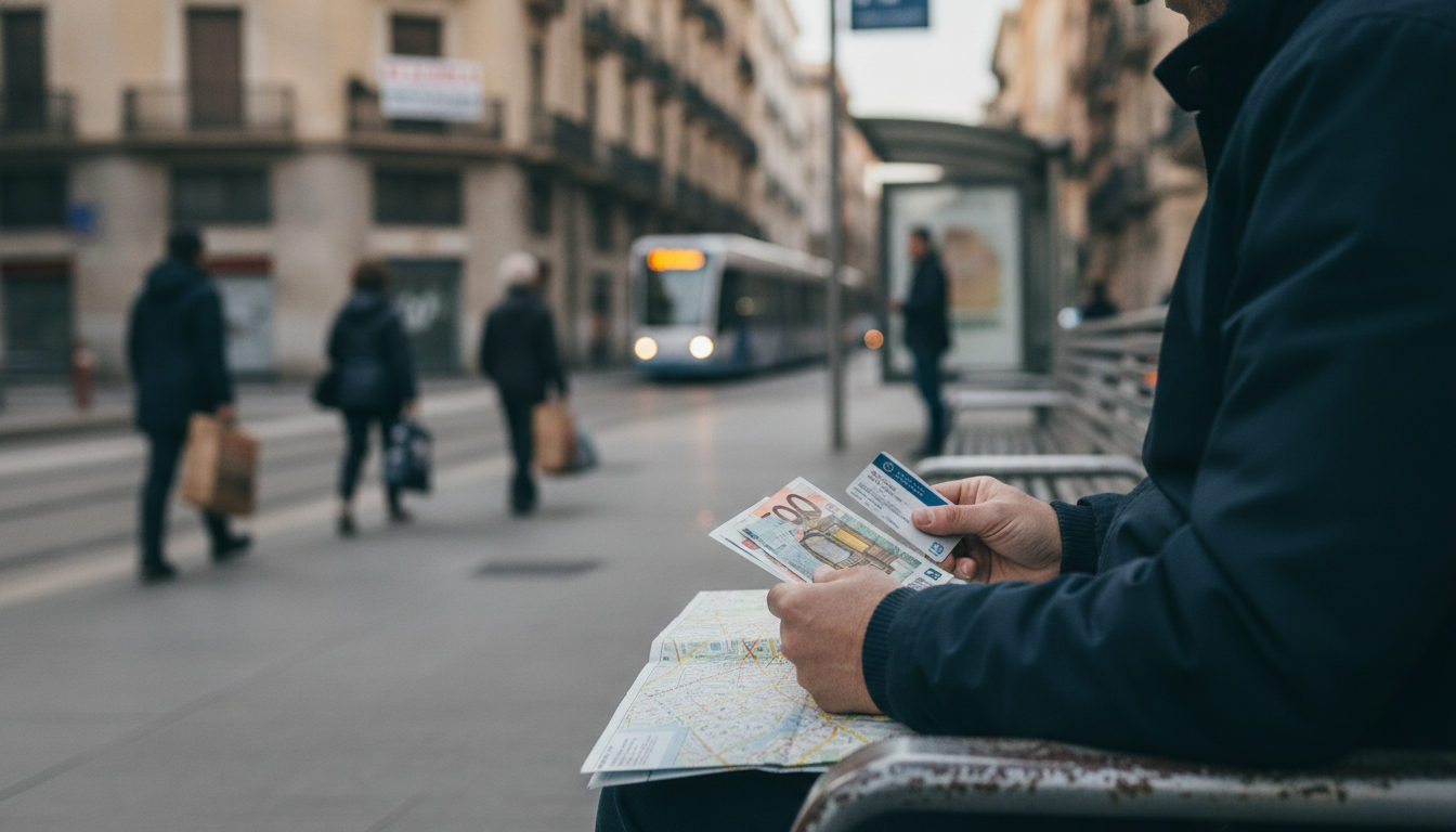 Manos mostrando billetes y una tarjeta de transporte en una calle céntrica de València, simbolizando el aumento del costo de vida y el transporte.