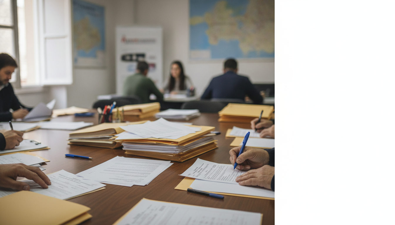 Manos de personas de diferentes edades completando formularios migratorios sobre una mesa, simbolizando el proceso de regularización y apoyo a la integración de migrantes.