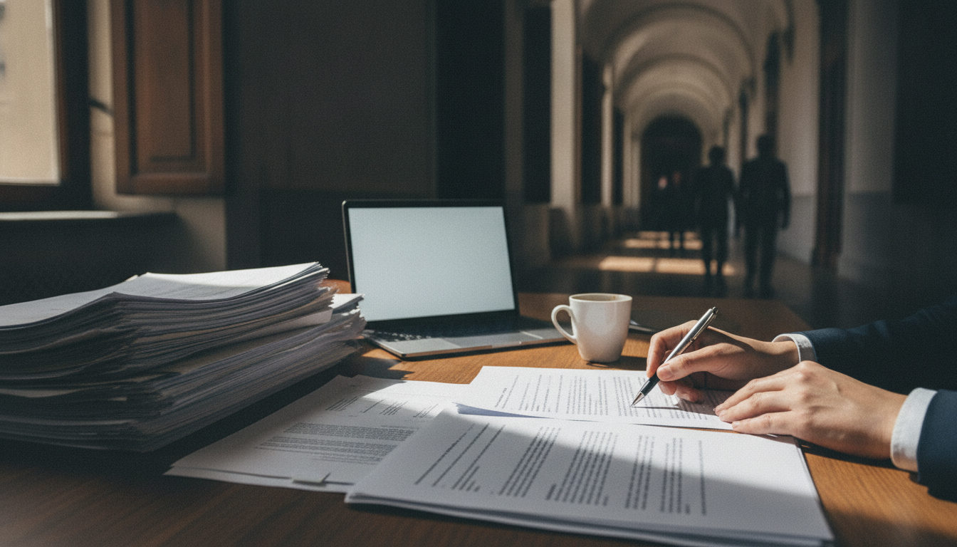 Manos señalando un documento de asilo sobre una mesa de despacho, simbolizando la revisión de expedientes legales.