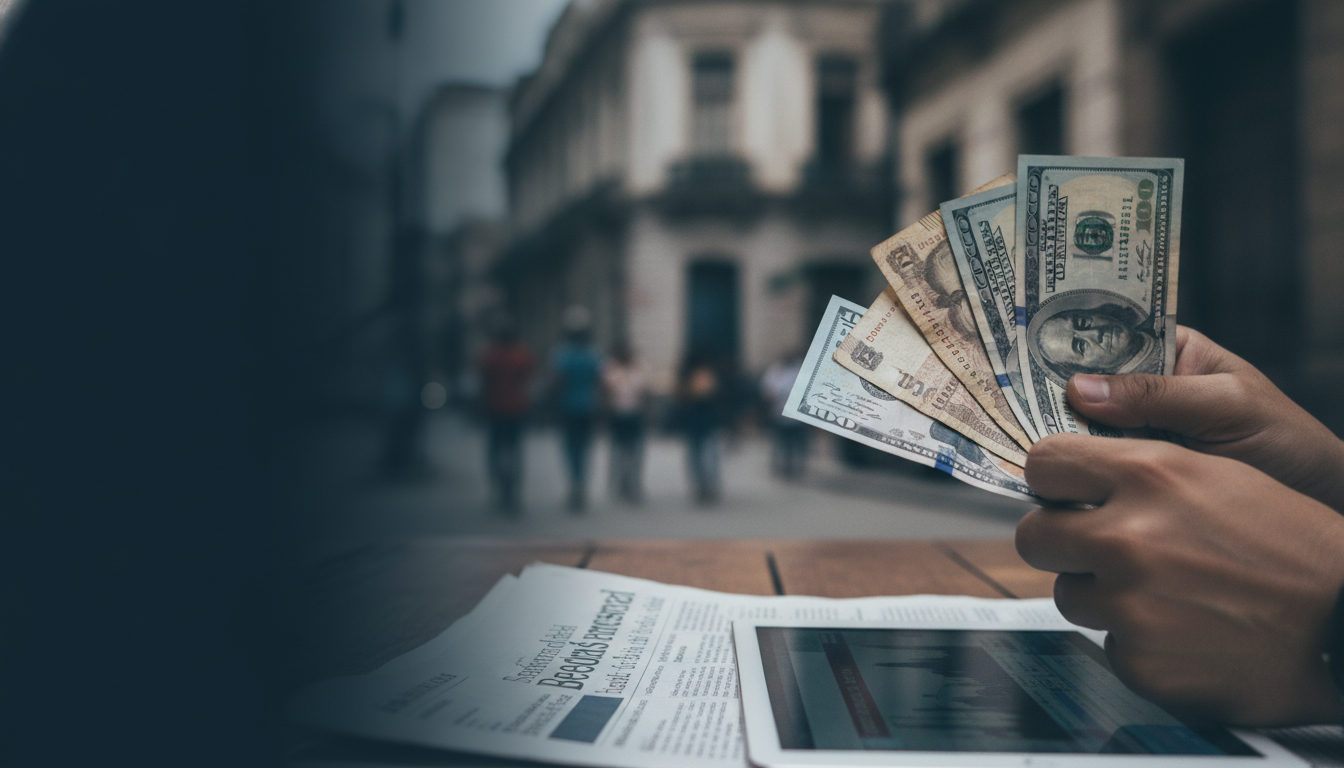 Manos sosteniendo billetes de bolívares y dólares sobre una mesa, con un teléfono mostrando gráficas económicas y un periódico con titulares políticos en segundo plano.