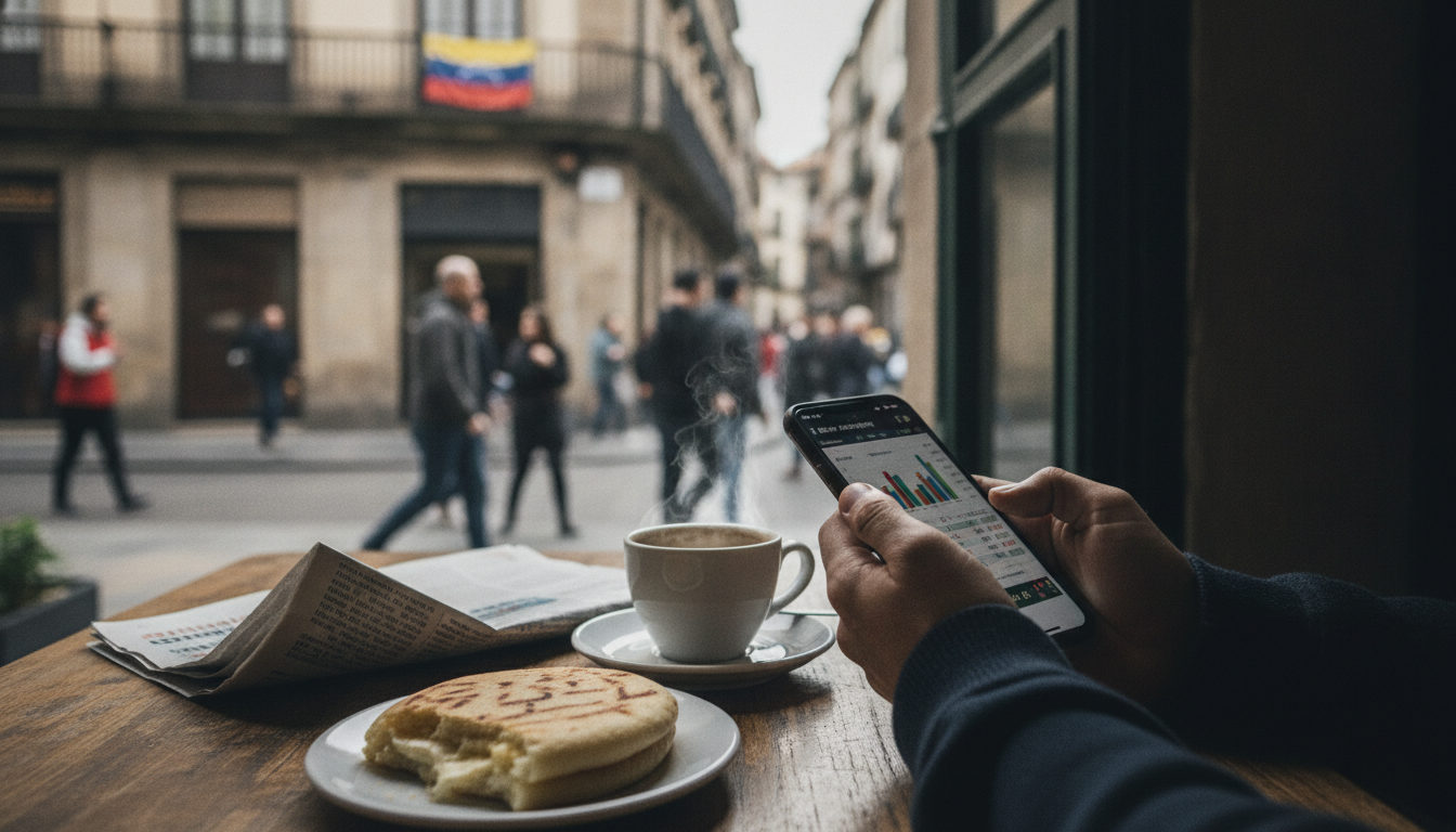 Manos anónimas consultando cuotas de apuestas en un teléfono mientras se toma un café, reflejando el seguimiento diario de la afición venezolana en la diáspora.