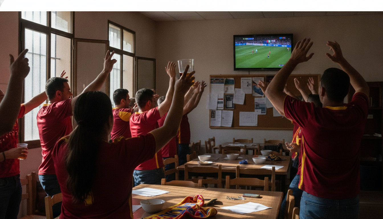 Aficionados venezolanos de la diáspora reunidos en un centro comunitario o bar, viendo con entusiasmo un partido de la Vinotinto en una pantalla grande.