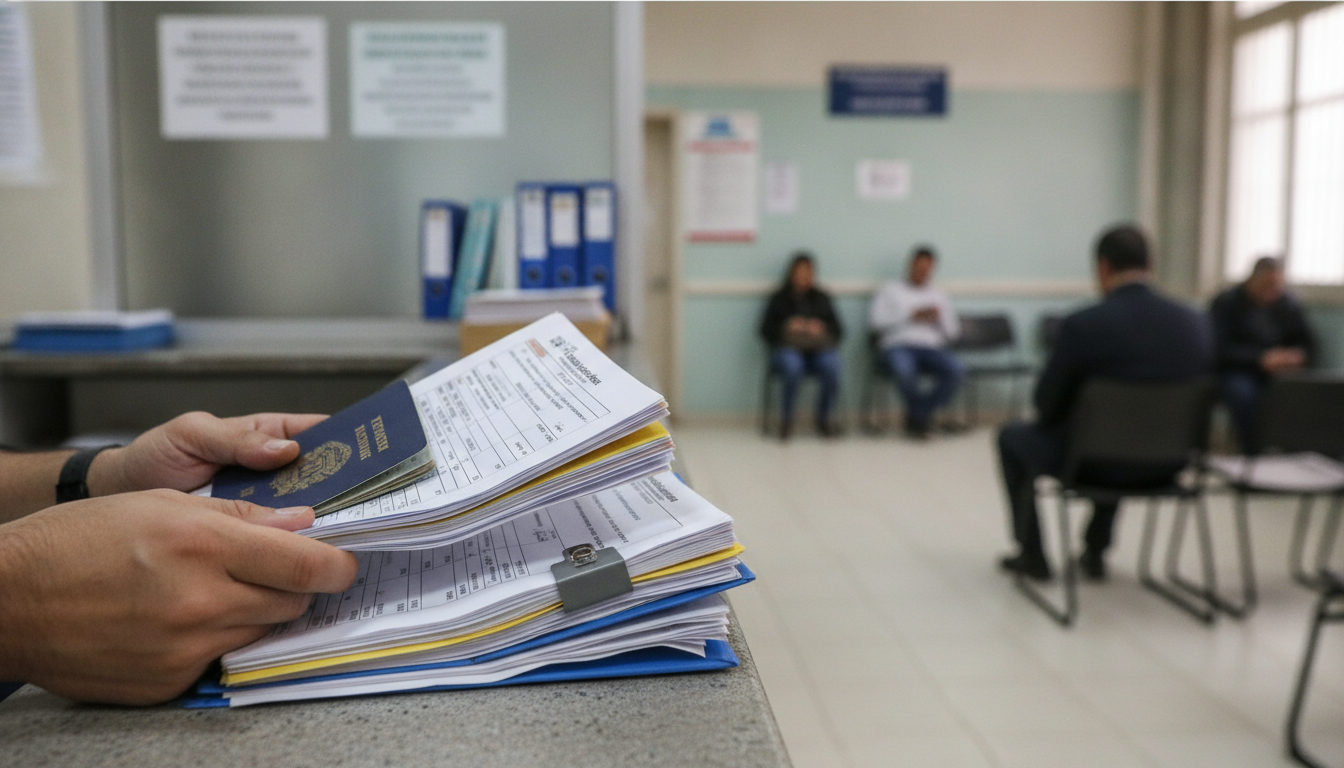 Manos sosteniendo un pasaporte venezolano vencido junto a papeles y formularios en una ventanilla de consulado, reflejando el proceso burocrático.