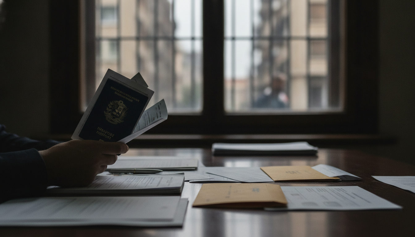 Manos sosteniendo documentos migratorios venezolanos sobre una mesa, con un fondo que insinúa una oficina de trámites o un entorno legal.