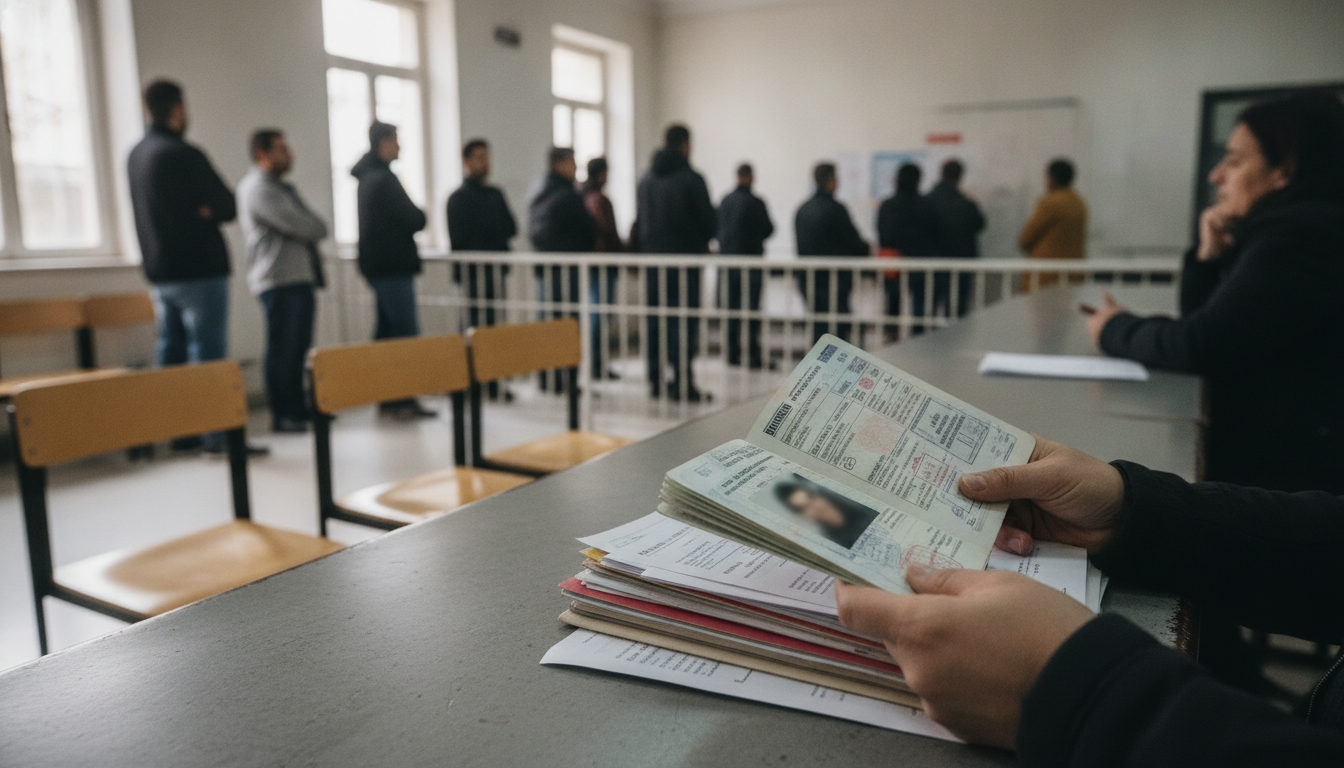 Manos de una persona sosteniendo un pasaporte venezolano y documentos en una oficina consular, con otras personas esperando en el fondo.