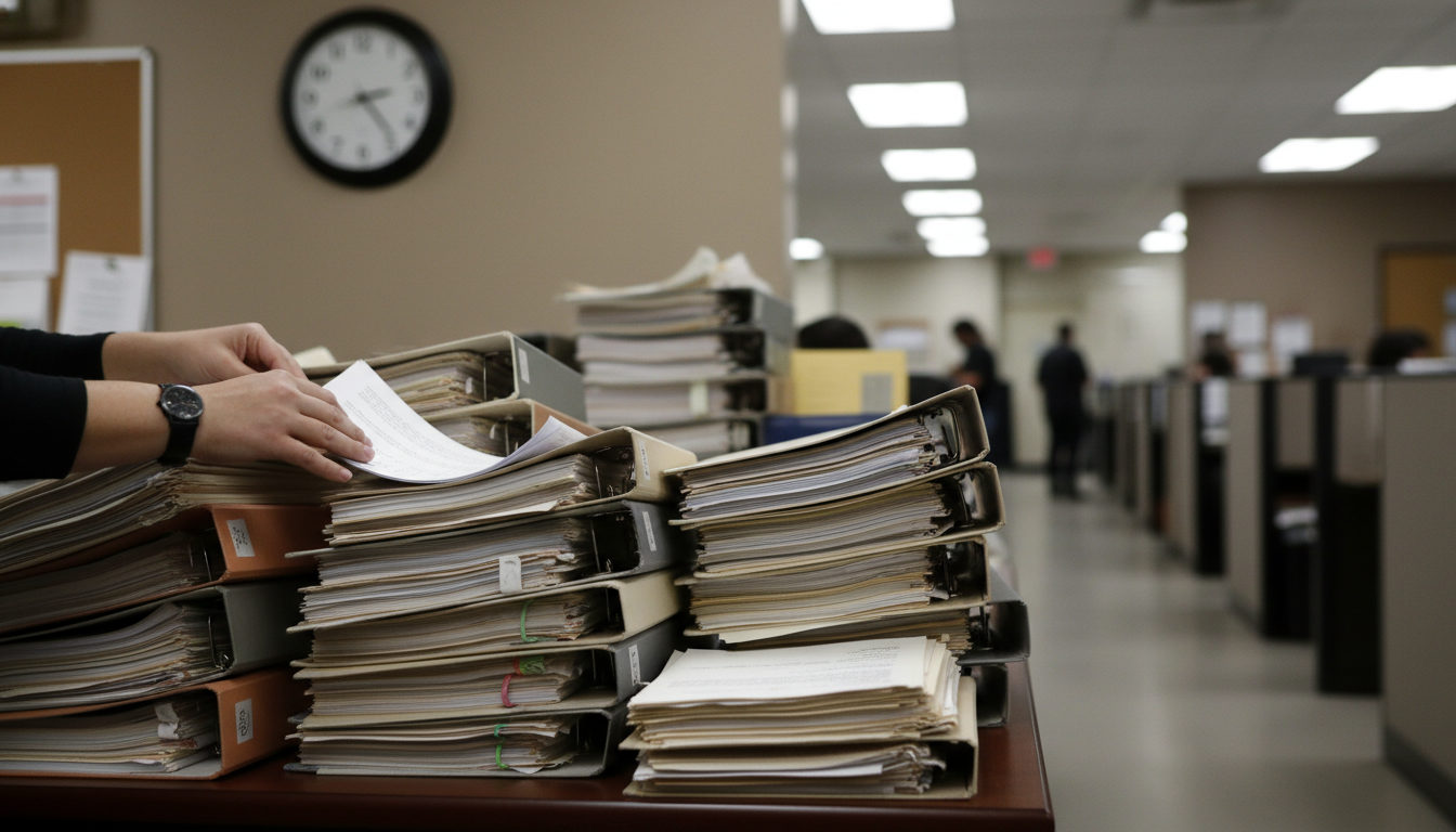 Pilas de expedientes y documentos sobre un escritorio en una oficina de inmigración, con unas manos revisando un archivo.