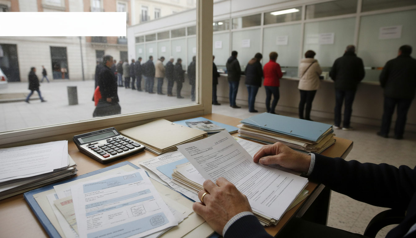 Manos de una persona examinando documentos de empleo o facturas sobre una mesa, reflejando preocupación por la situación económica.