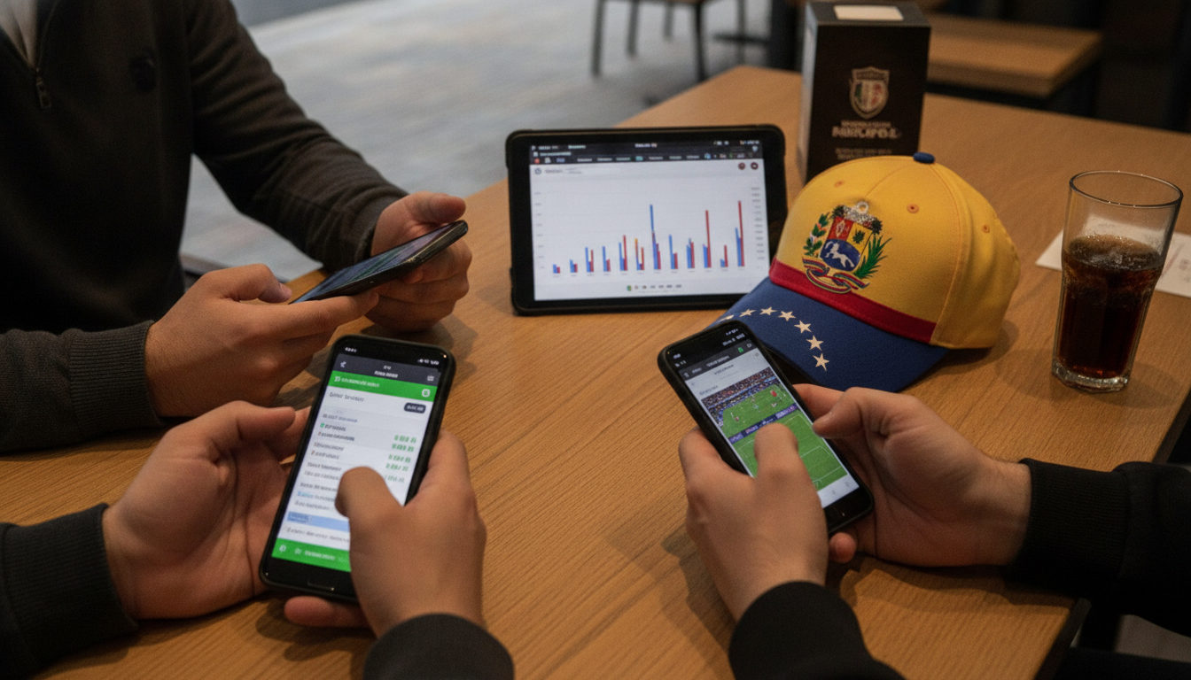 Varias manos consultan resultados y cuotas de apuestas del Mundial 2026 en dispositivos móviles sobre una mesa, junto a una gorra de la selección venezolana.