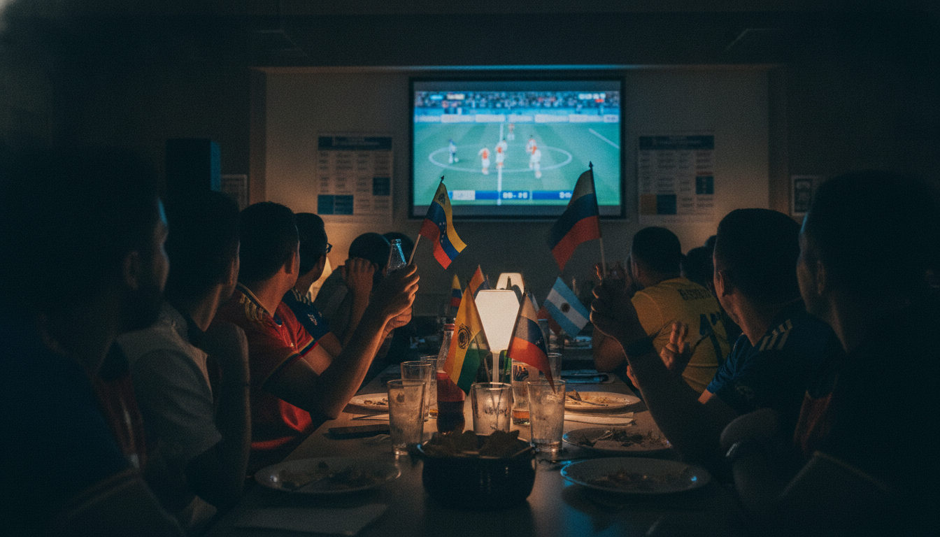 Aficionados venezolanos en un bar o sala comunitaria, viendo un partido del Mundial 2026 en una gran pantalla, con bebidas y comida sobre la mesa, reflejando el ambiente de un evento deportivo en la diáspora.