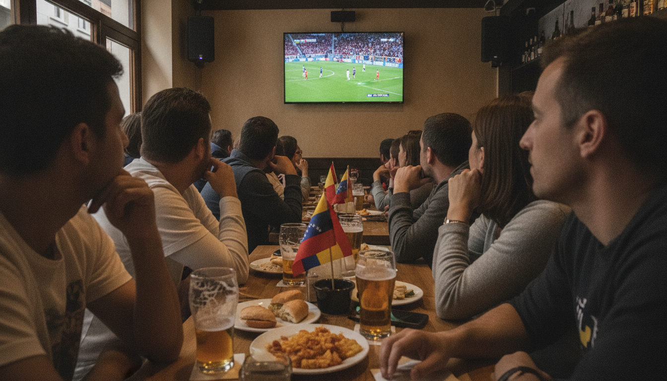 Aficionados en un bar de la diáspora venezolana en España viendo un partido del Mundial 2026 en pantalla grande.