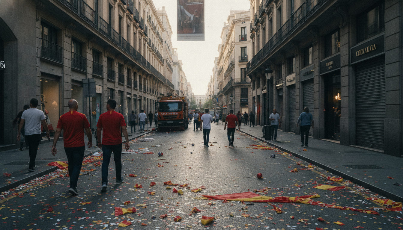 Calles de una ciudad española con rastros de celebración tras la final del Mundial, mostrando el ambiente post-victoria de España para la diáspora venezolana.