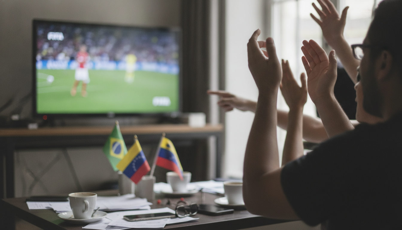 Manos gesticulando frente a una pantalla de televisión que muestra un partido de fútbol de las eliminatorias al Mundial 2026.