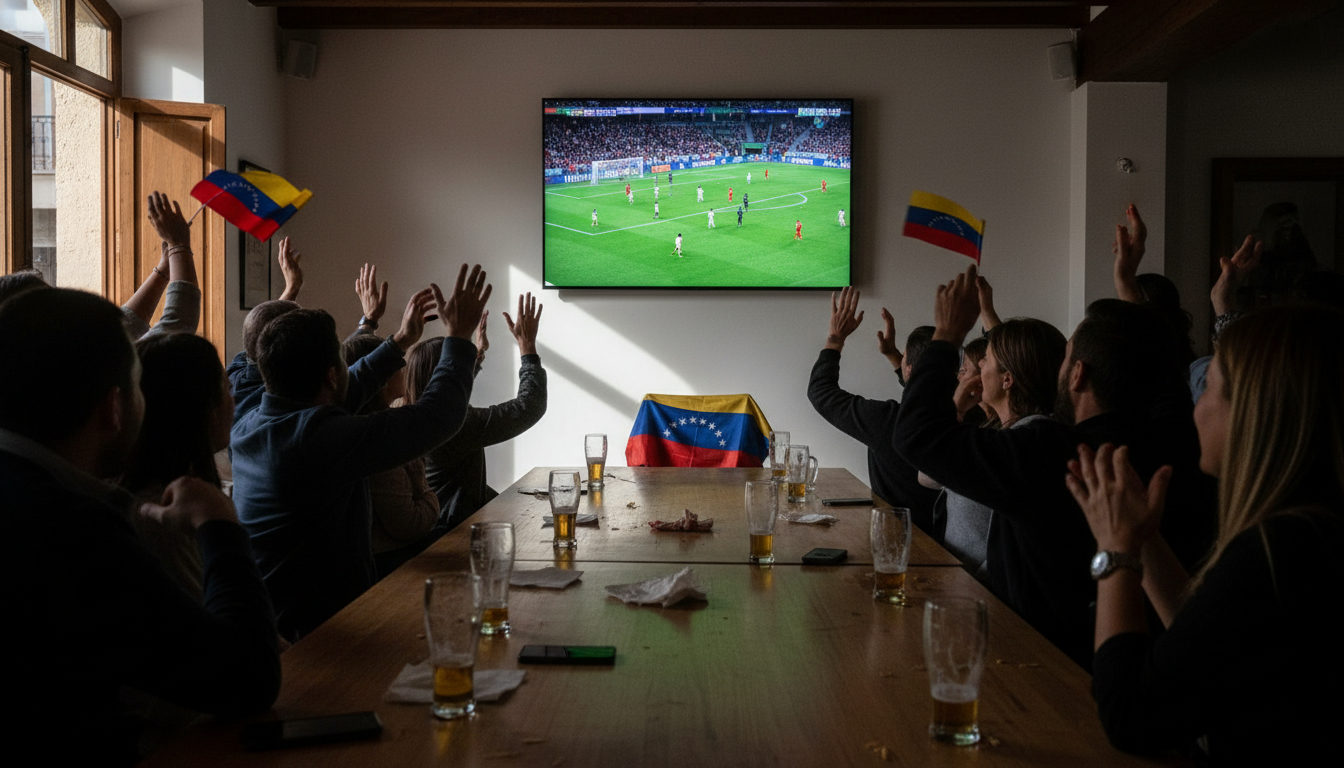 Aficionados venezolanos en España, con camisetas y banderas de la Vinotinto, siguiendo un partido crucial de fútbol en una pantalla grande, en un ambiente de expectativa y pasión comunitaria.