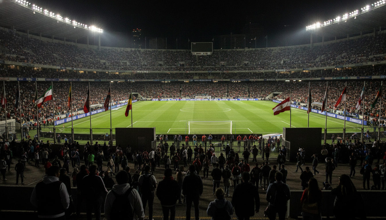 Vista panorámica de un estadio de fútbol lleno durante un partido nocturno del Mundial 2026, con las luces iluminando el campo y las gradas.
