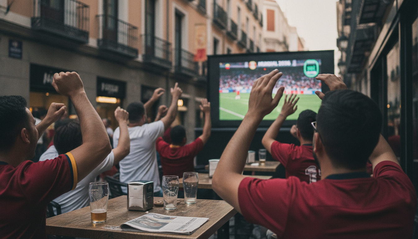 Venezolanos en una terraza de Madrid viendo un partido de fútbol de la Vinotinto en una pantalla grande, con camisetas de la selección y expresiones de emoción y camaradería.