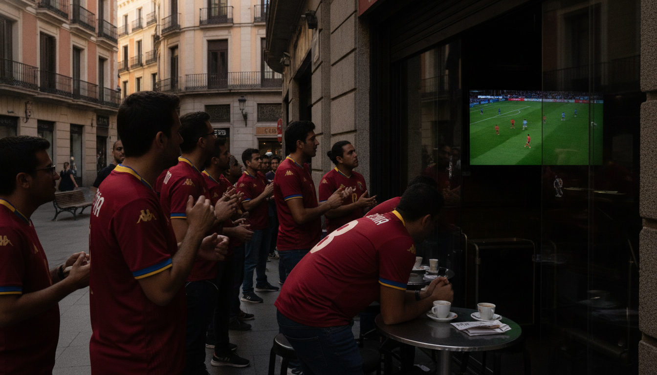Venezolanos en la calle de una ciudad europea viendo un partido de fútbol de la Vinotinto en una pantalla, congregados frente a un local, reflejando la pasión de la diáspora por el Mundial 2026.