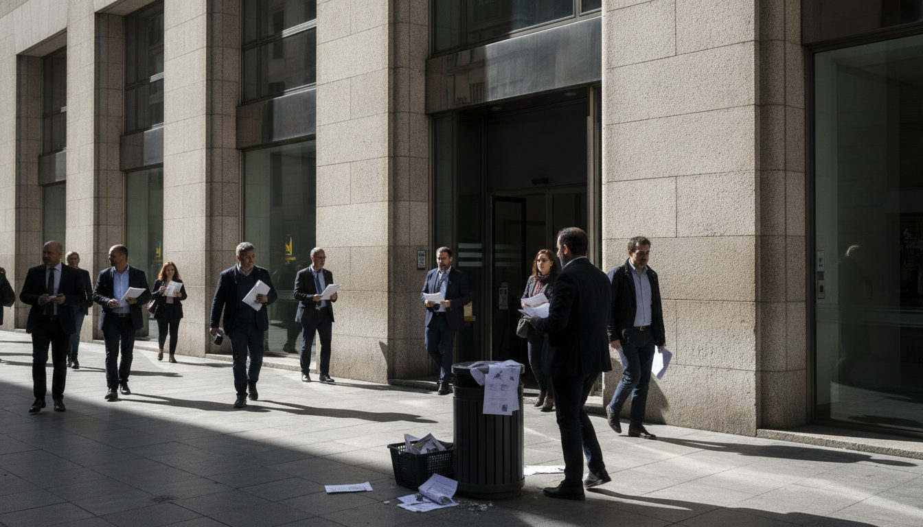 Ciudadanos entrando y saliendo de una oficina municipal en València, algunos con documentos en mano.