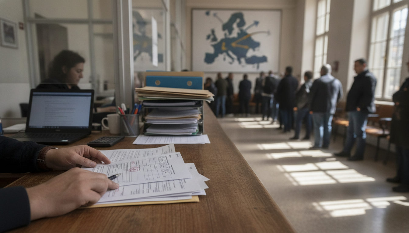 Personas en una oficina revisando documentos y trámites de extranjería en España.