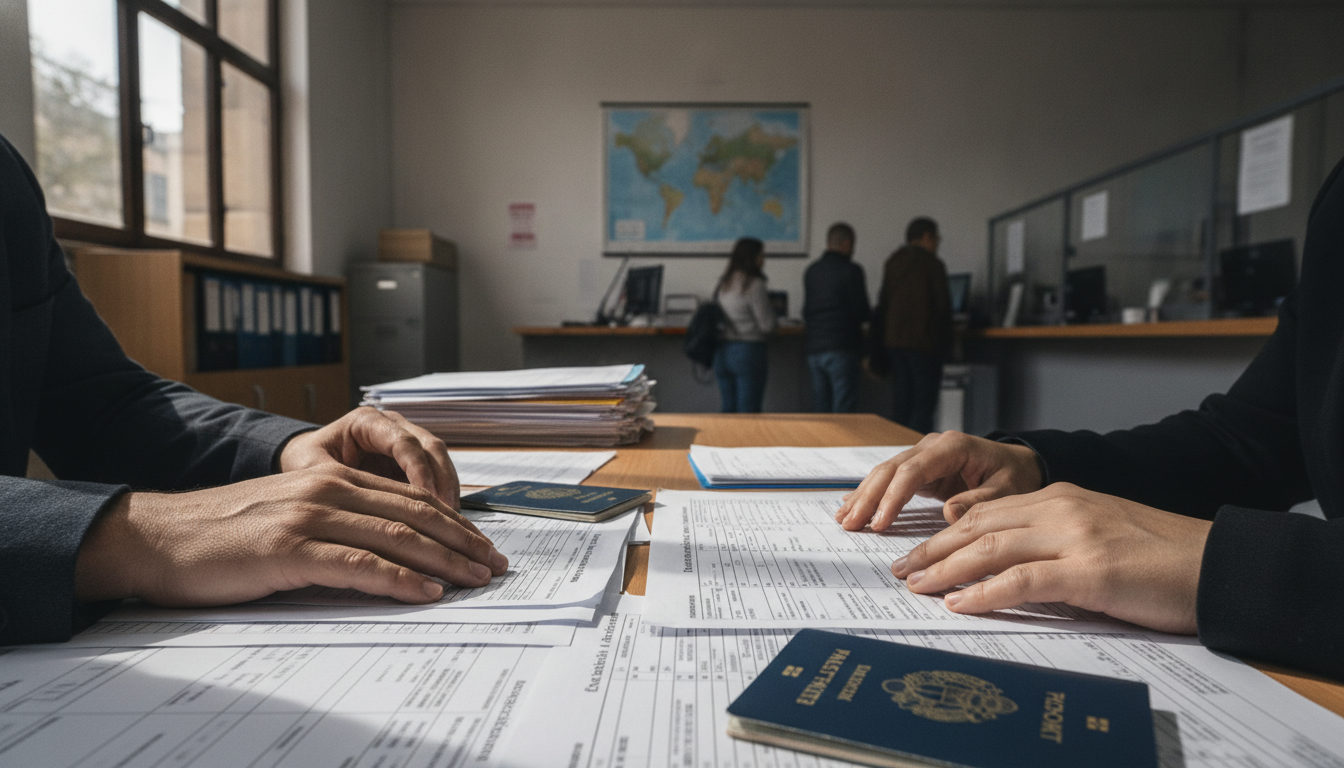 Manos de una persona sobre un formulario de solicitud de visado o residencia, con un pasaporte venezolano y un mapa, simbolizando los trámites migratorios.