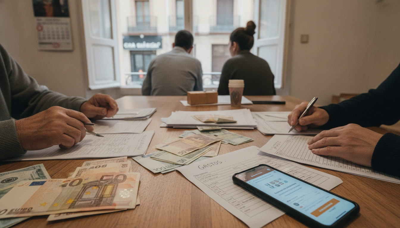 Manos de personas planificando el envío de remesas a Venezuela sobre una mesa con billetes, documentos y un teléfono móvil.