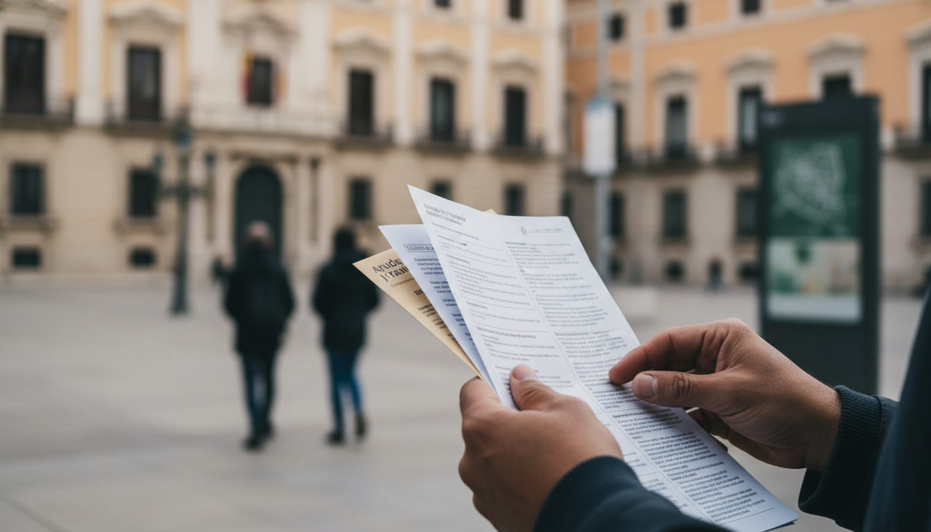 Manos sosteniendo documentos informativos frente a un edificio público en València, reflejando la búsqueda de servicios y ayudas.