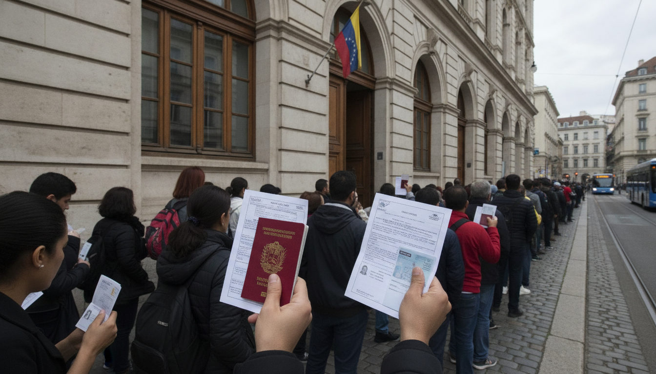 Ciudadanos venezolanos en fila frente a un consulado en Europa, realizando trámites y gestiones documentales.