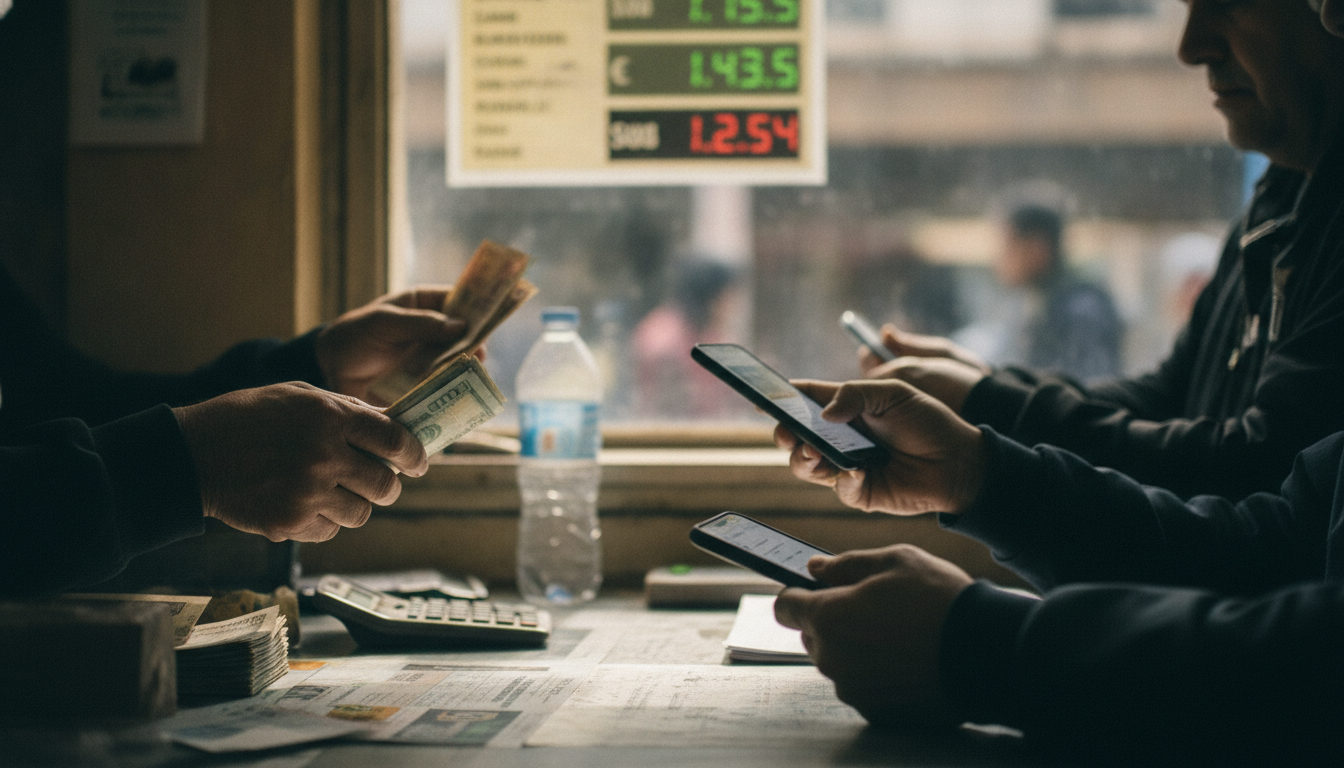 Manos intercambiando billetes en una casa de cambio en Venezuela, con teléfonos móviles que muestran aplicaciones de transferencia de dinero en el entorno.