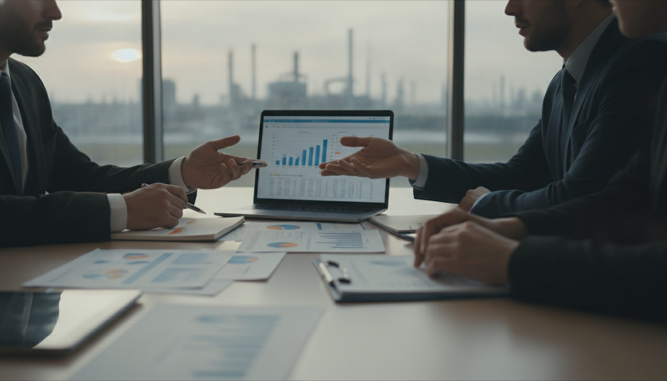 Manos de personas analizando documentos económicos y gráficos en una mesa de reuniones, con un ordenador portátil mostrando datos relevantes.