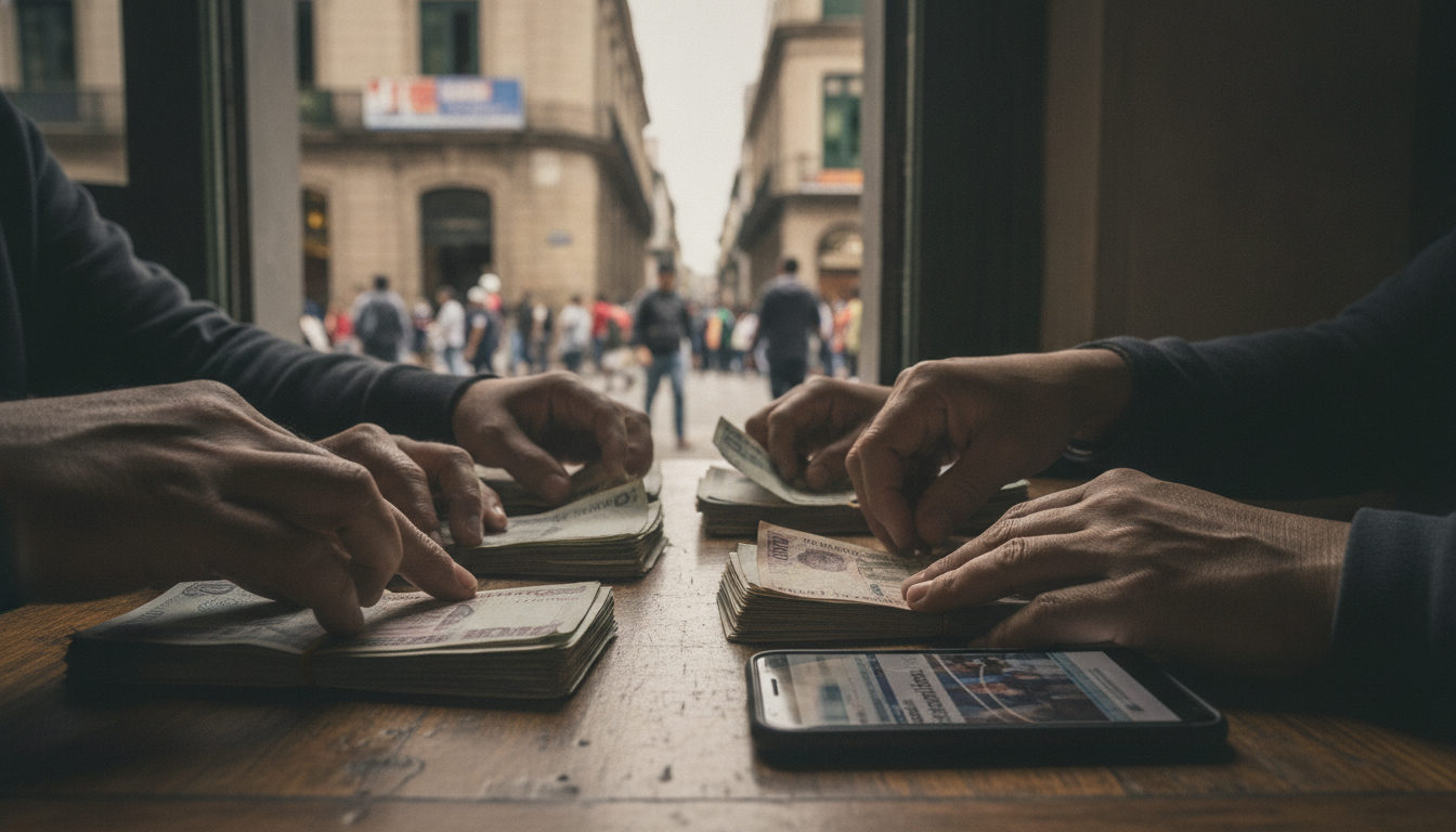 Manos contando bolívares con un móvil de fondo mostrando noticias políticas, reflejando el impacto de la actualidad en la economía familiar.