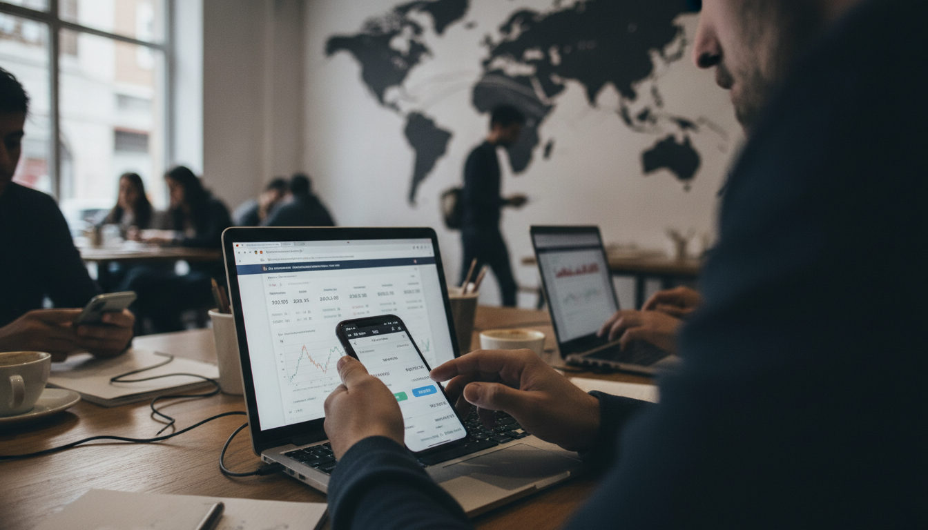 Manos de personas consultando tasas de cambio y realizando operaciones financieras a través de dispositivos móviles, en un entorno que sugiere gestión de remesas y economía global.