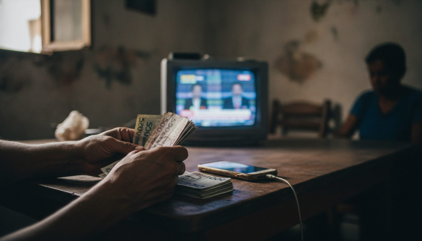 Manos contando billetes de bolívares en una mesa de madera, con un televisor de fondo mostrando noticias, reflejando el impacto de la economía en los hogares venezolanos.