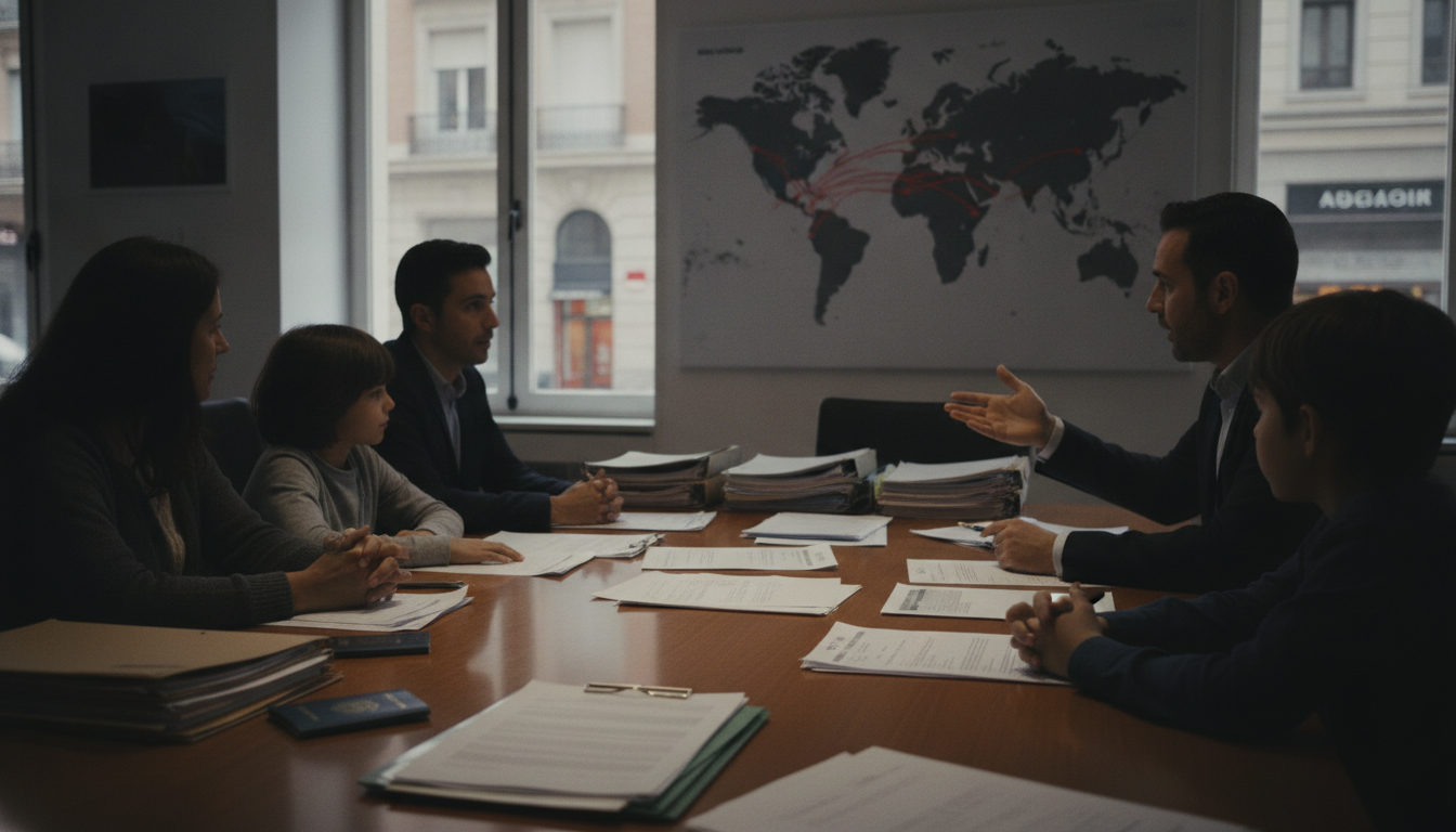 Manos de personas revisan documentos migratorios en la mesa de una oficina de asesoría, con un mapa de fondo.