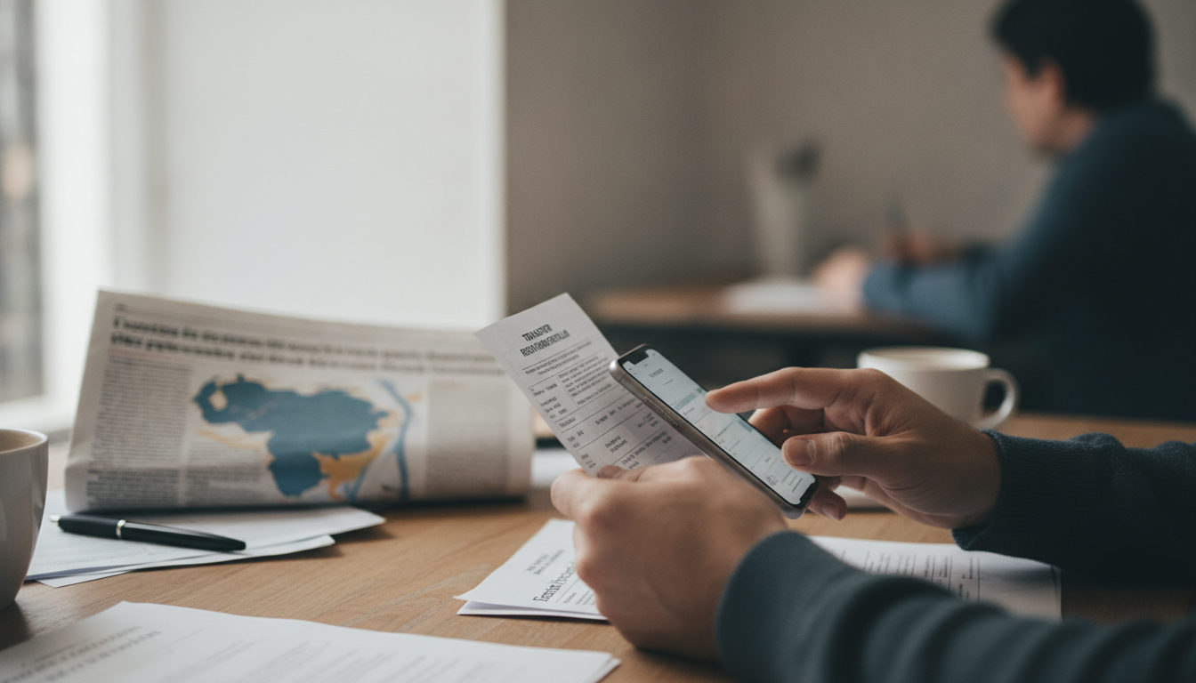 Persona revisando documentos económicos y una calculadora sobre una mesa, con un periódico y un mapa geopolítico de fondo, reflejando el análisis de la situación de las sanciones y su impacto financiero en la diáspora venezolana.