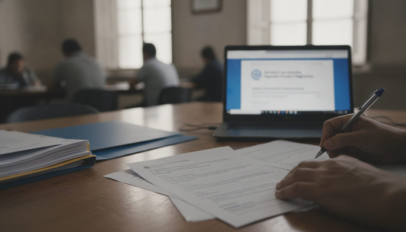 Manos revisando documentos y formularios de extranjería en una oficina, con un ordenador al fondo, en el contexto de una reforma migratoria.