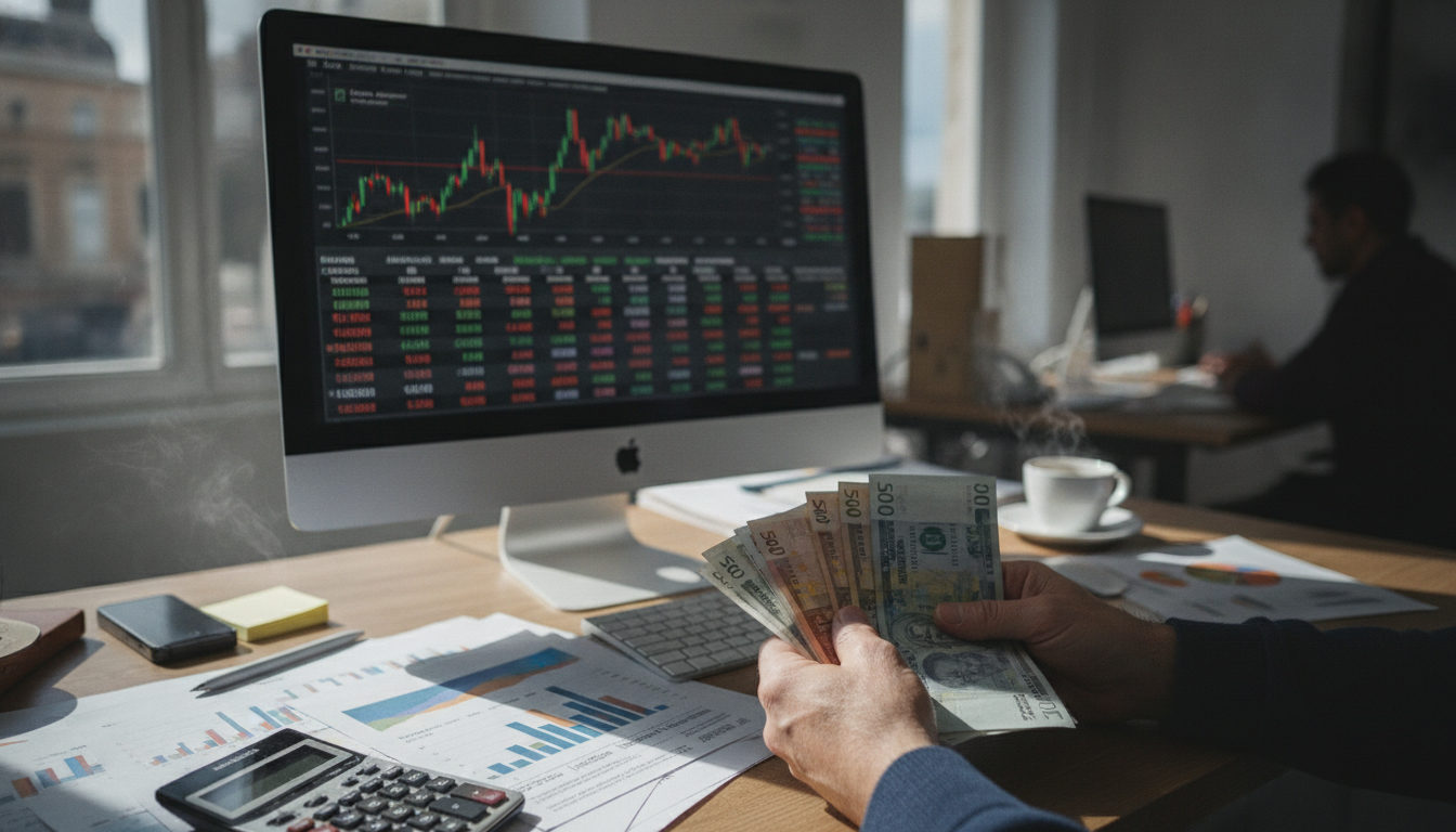 Manos sosteniendo billetes y un móvil con una aplicación de envío de remesas, sobre una mesa con documentos económicos que reflejan la volatilidad de los tipos de cambio.