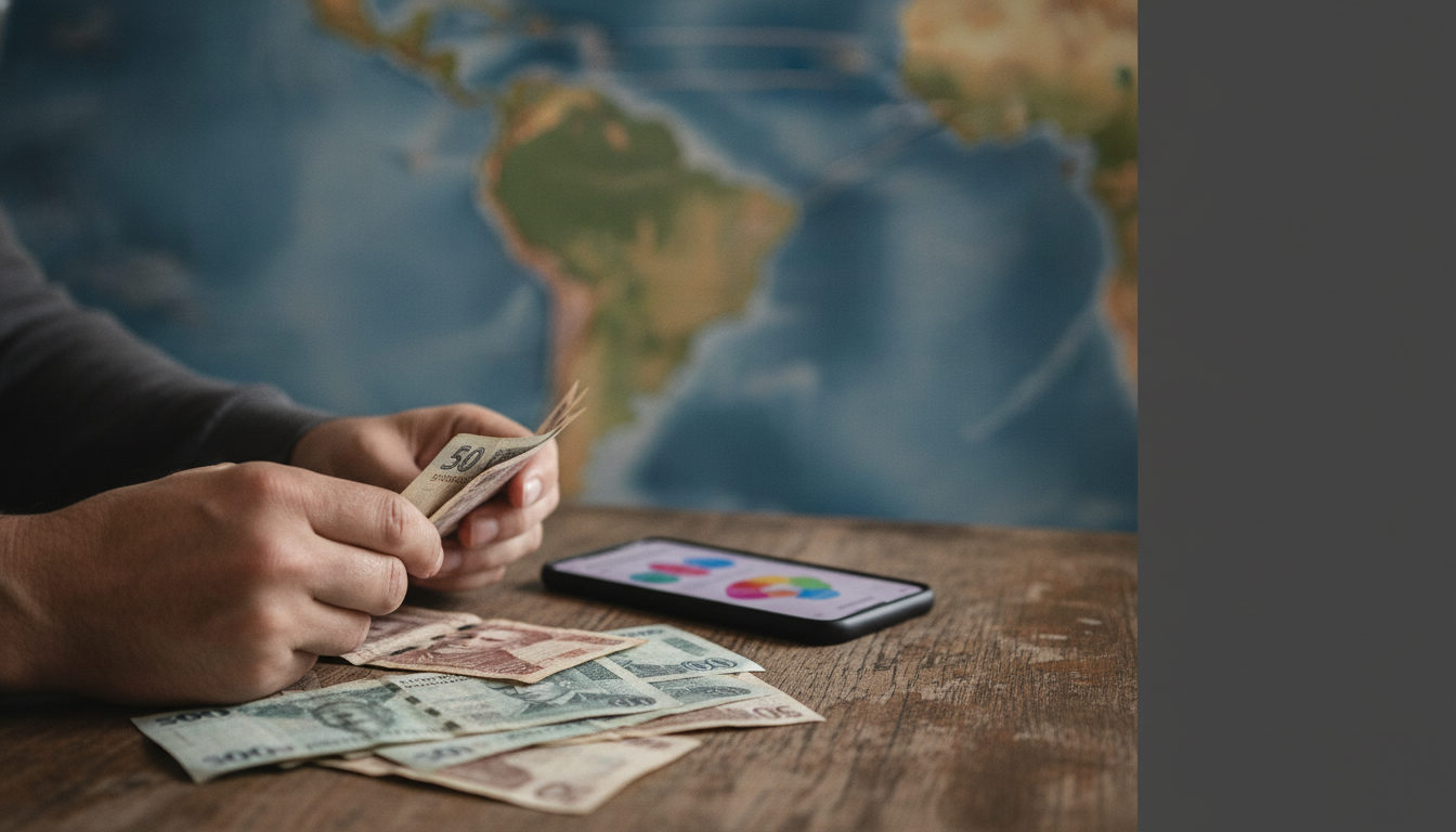 Manos de un adulto examinando billetes venezolanos mientras usa una aplicación de envío de dinero en un teléfono móvil, sobre un fondo que insinúa una conexión internacional.