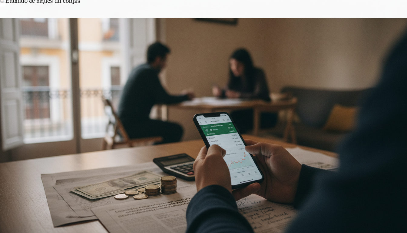 Manos de una persona revisando el cambio de divisas en un teléfono, con monedas y una calculadora sobre una mesa, simbolizando la gestión de remesas.