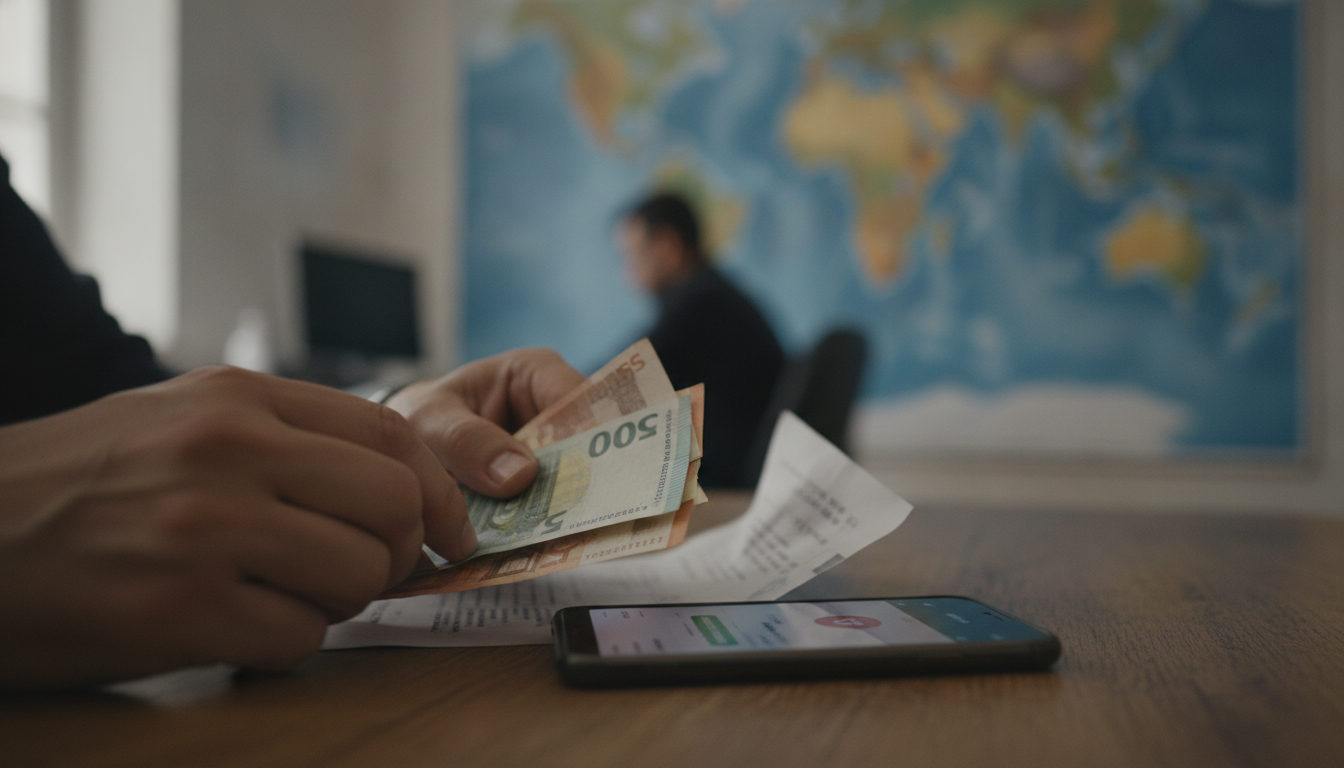 Manos adultas revisando billetes de diferentes monedas junto a un teléfono móvil que muestra una aplicación de remesas, en una mesa de trabajo.