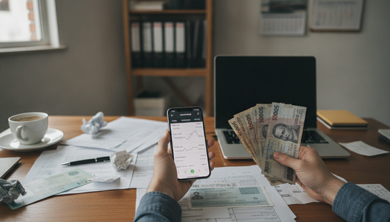 Manos sobre una mesa, una mostrando una aplicación de envío de dinero en el móvil y la otra sujetando billetes de bolívares, con documentos y papeles alrededor.
