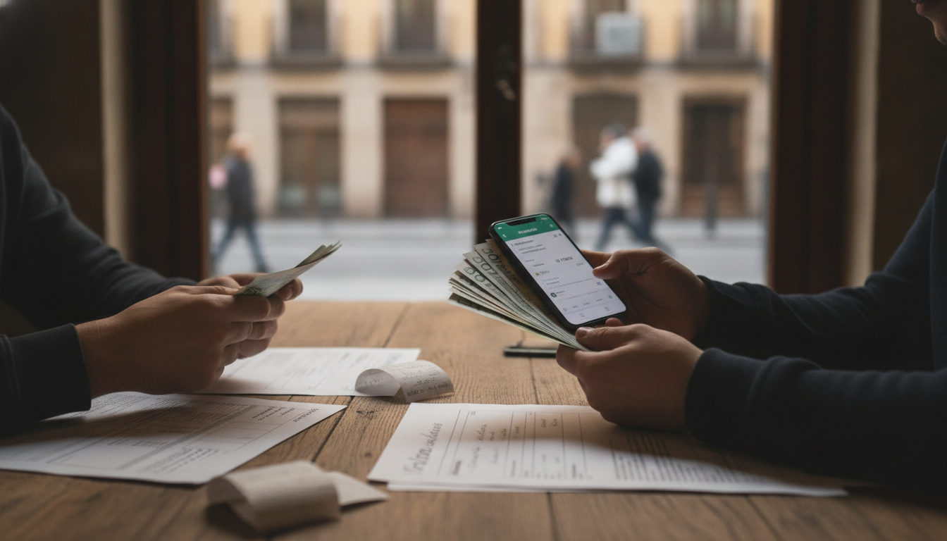 Manos contando billetes de euro y dólares sobre una mesa, mientras otra persona usa una aplicación de transferencia de dinero en un smartphone.