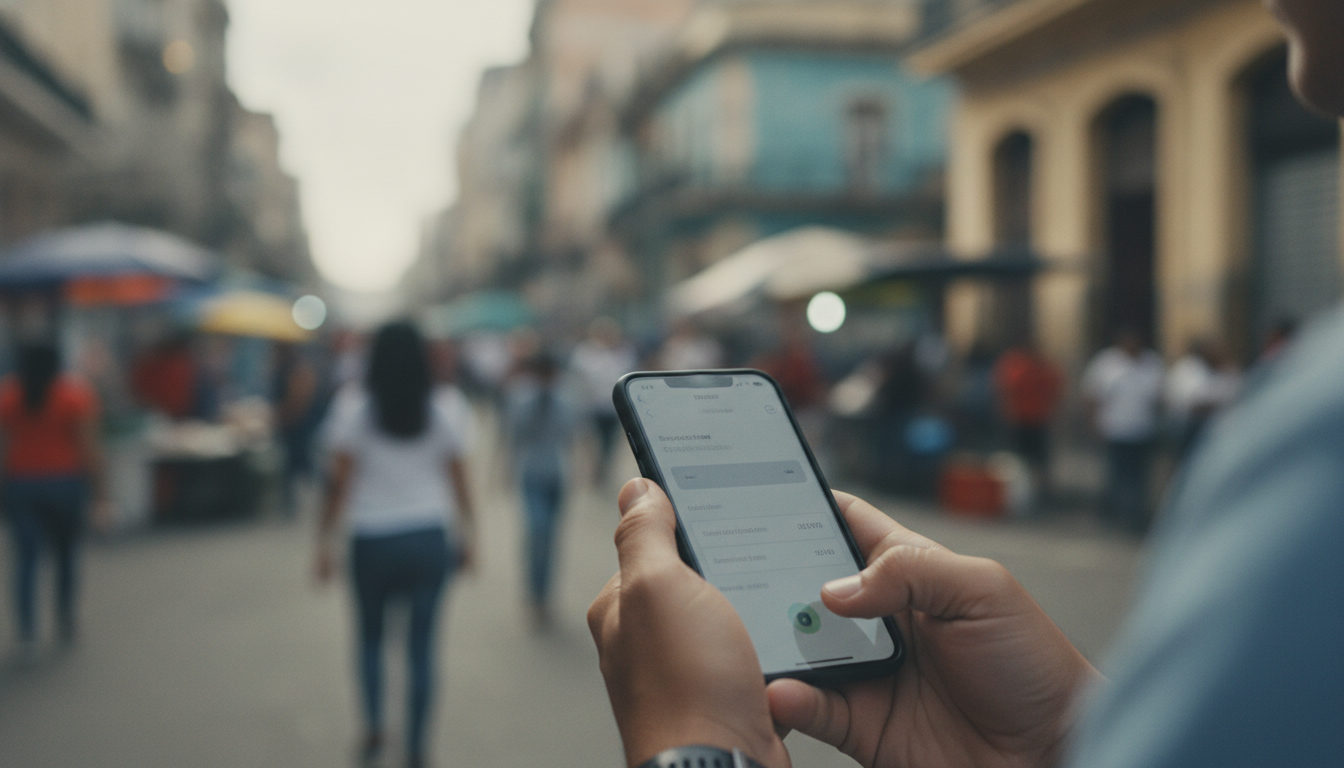 Manos tecleando en un teléfono móvil con una aplicación de envío de dinero, con el fondo desenfocado de una calle bulliciosa que sugiere una ciudad venezolana.
