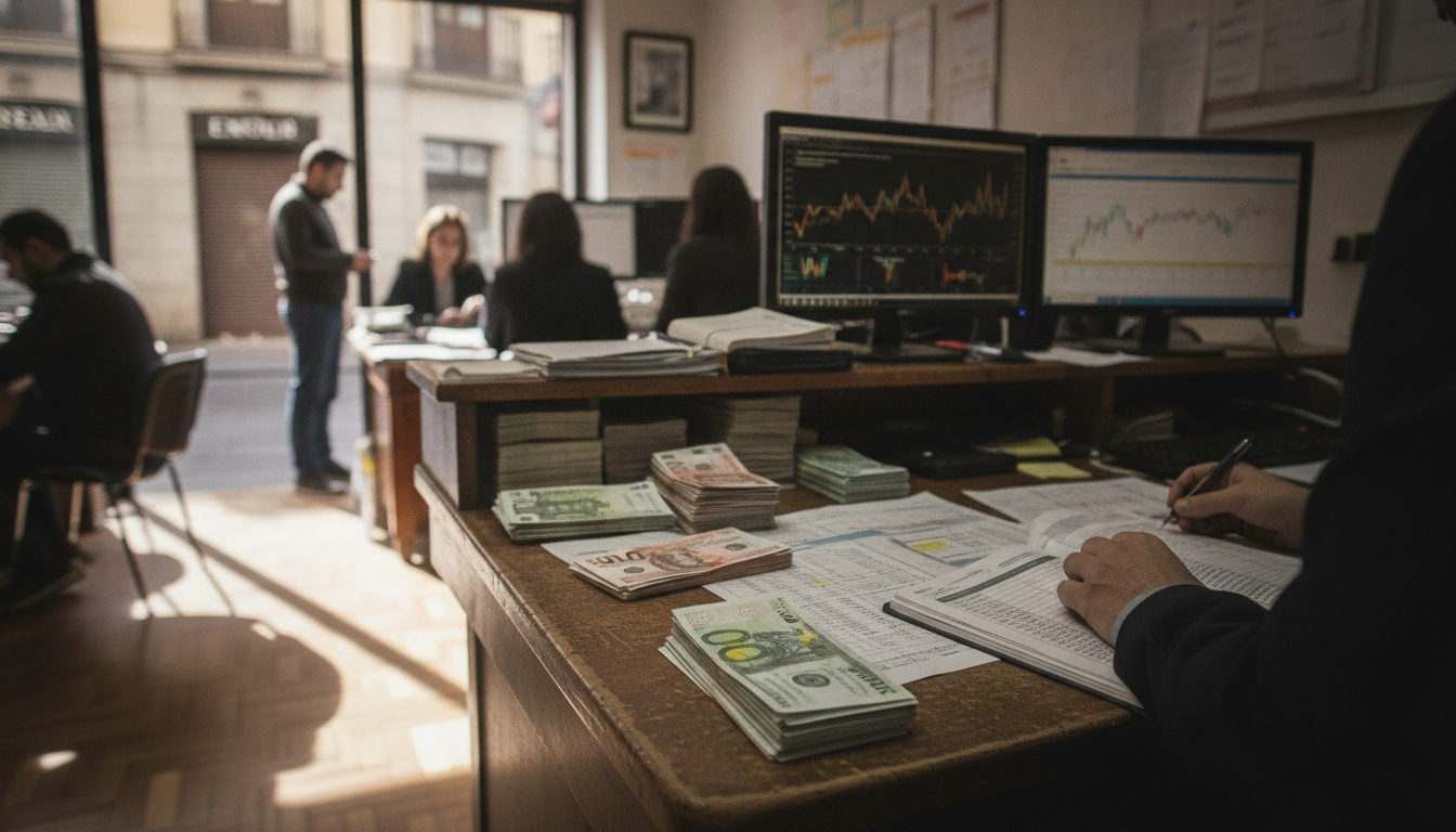 Manos de personas sobre un escritorio con billetes de varias monedas, un teclado y una pantalla de ordenador mostrando tasas de cambio, en una oficina de gestión de remesas.