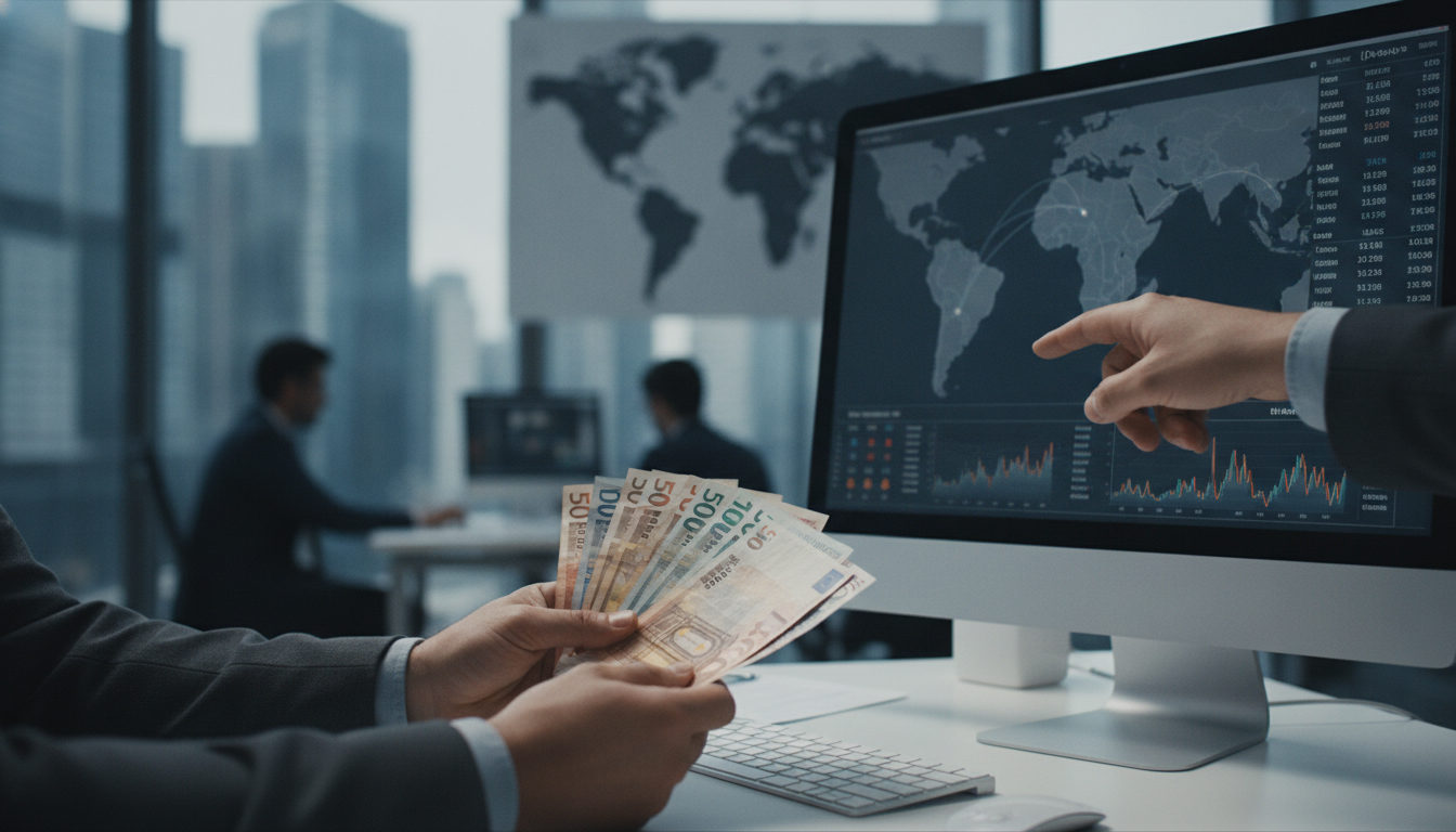 Manos sobre billetes de diferentes monedas y gráficos de pantalla que muestran la volatilidad del tipo de cambio para las remesas.