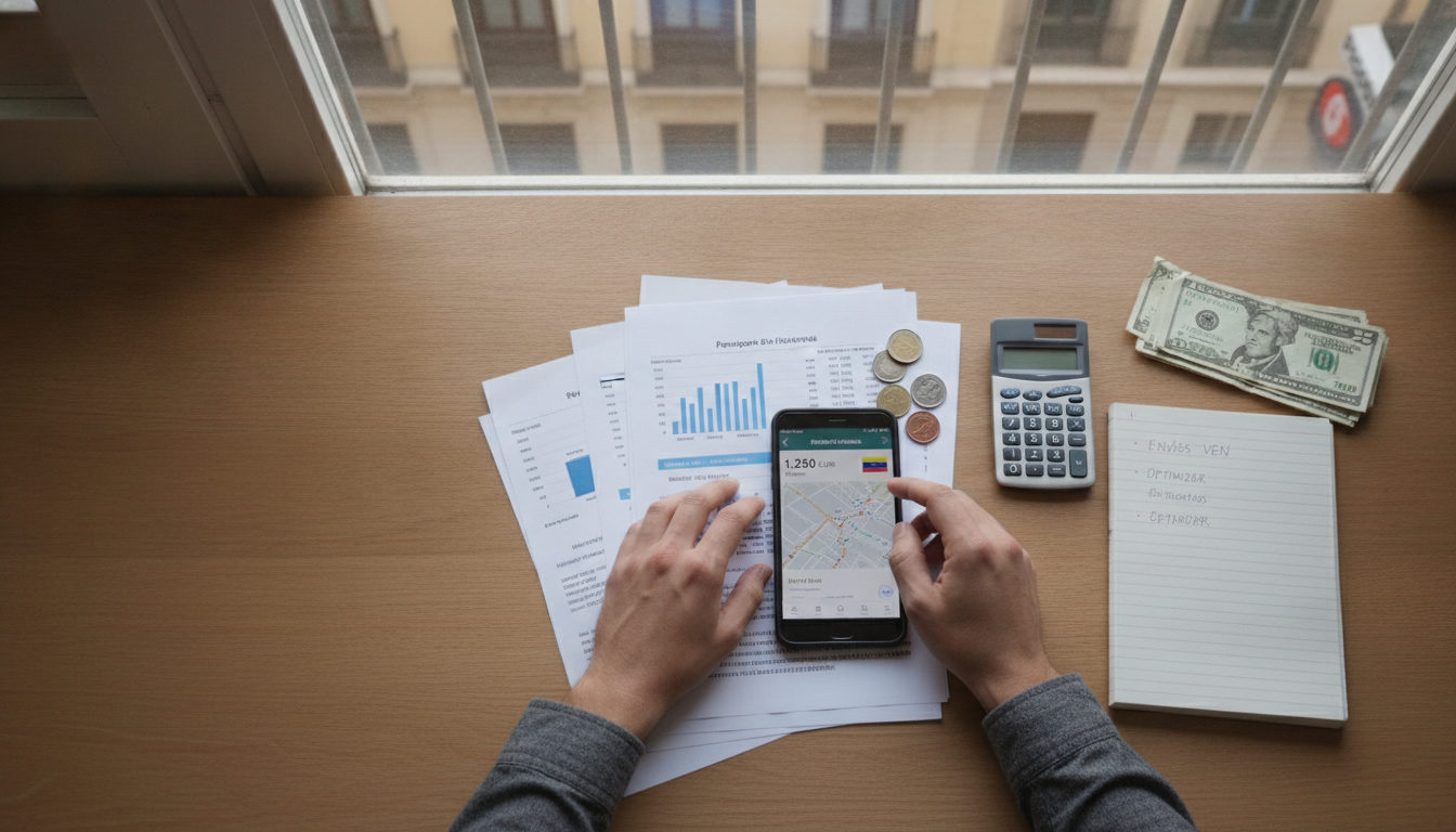 Manos sobre un escritorio revisando documentos y una aplicación de envío de dinero en un teléfono móvil, con la mirada puesta en la planificación financiera.