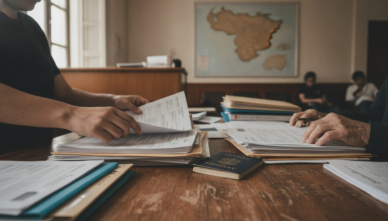 Varias manos, de diferentes edades, organizando y examinando papeles relacionados con trámites migratorios sobre un escritorio, bajo una luz tenue.