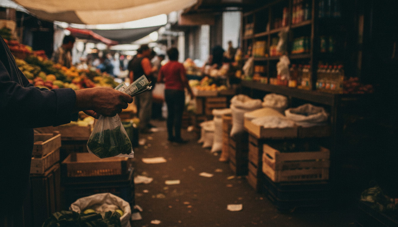 Manos intercambiando billetes en un mercado popular, con productos básicos en segundo plano.