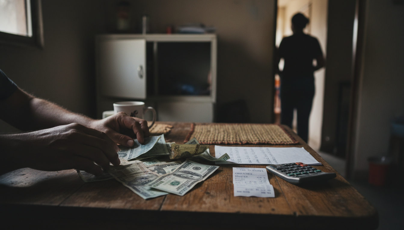 Manos entrelazadas con billetes de bolívares y dólares, junto a una nota de gastos, simbolizando la economía familiar en Venezuela y el esfuerzo por cubrir necesidades.