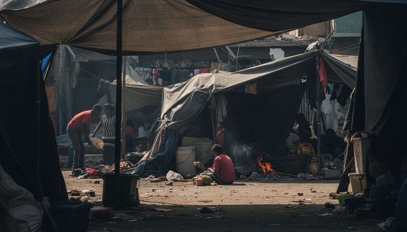 Varias personas transitan y se organizan en un campamento improvisado montado con lonas y tiendas en una calle de Venezuela, reflejando la precariedad tras un desastre natural.