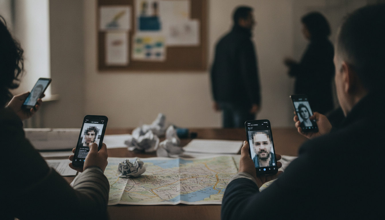 Manos de migrantes venezolanos intentan comunicarse con sus familiares en zonas afectadas por sismos, sosteniendo teléfonos móviles con pantallas de chat y videollamadas.