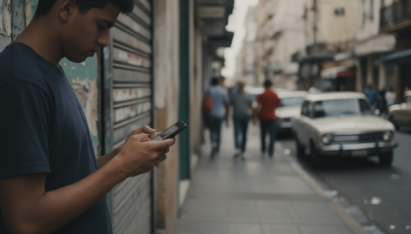 Manos de una persona revisando con preocupación las fluctuaciones del tipo de cambio en un teléfono móvil, con una calle concurrida de Venezuela difuminada al fondo.
